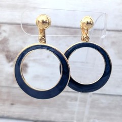 Vintage Clip On Earrings – Extra Large Dark Blue & Gold Tone Circle Dangle Drop