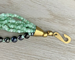 VTG Sea-green Glass Multi-Strand (8) Necklace 2 mm Beads w/Dark Beads Brass Hook