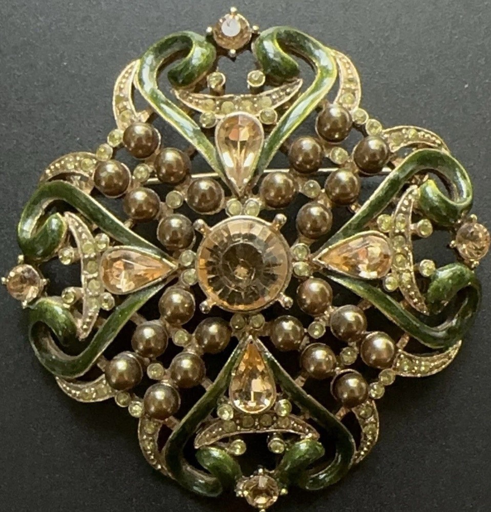 Vtg Champagne Pearl Green Rhinestones Enamel Gold Brooch Art Deco Nouveau Style!