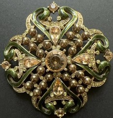 Vtg Champagne Pearl Green Rhinestones Enamel Gold Brooch Art Deco Nouveau Style!