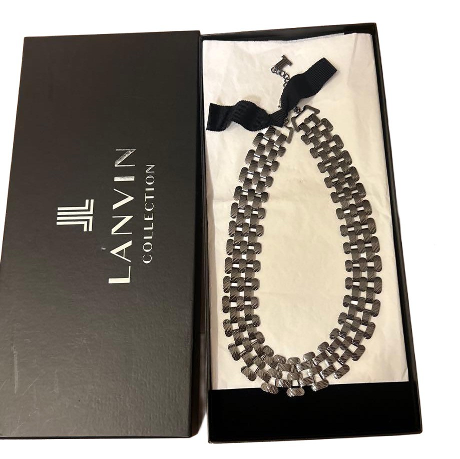 LANVIN Collection Necklace Silver Tone Multi Strand Ribbon Tie Chain Box