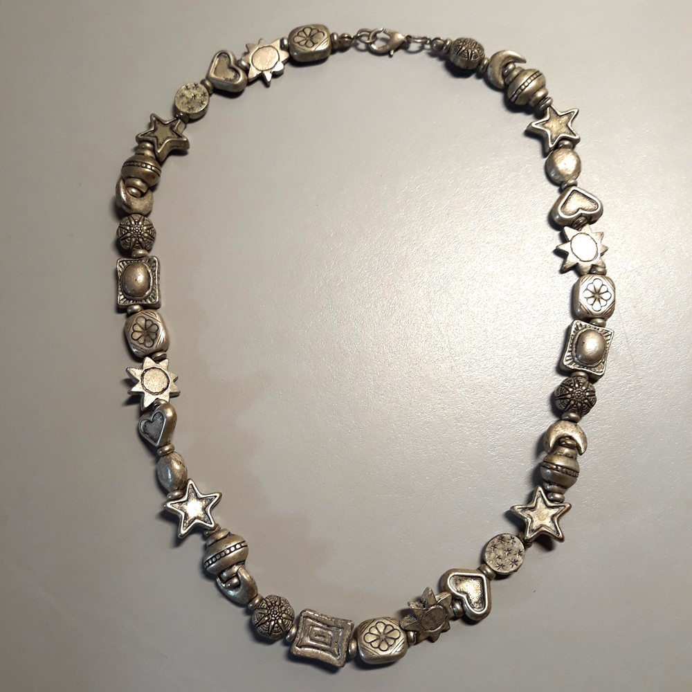Vintage Silver‑Tone Mixed Motif Celestial Boho Bead Necklace Stars Hearts Suns