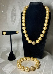 Elegant Vintage Faux Pearl Jewlery Set – Gold Rhinestone Accents 925 Sterling