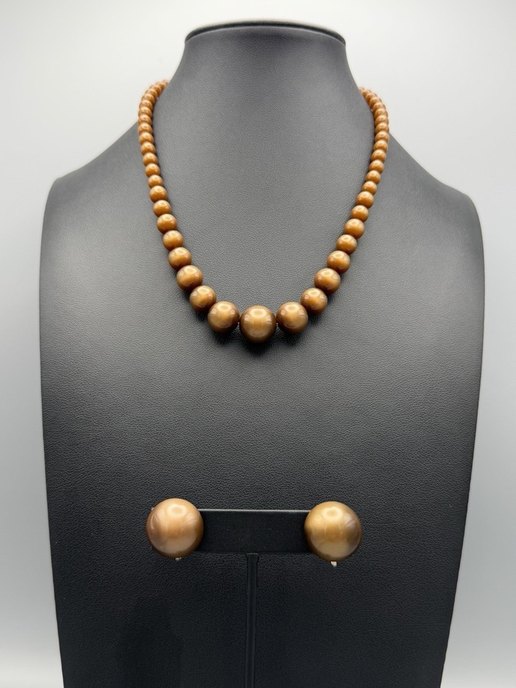 Vintage Brown Moonglow Lucite Bead Necklace & Matching Screw-On Earrings Set