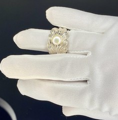 Vintage Large Sterling Silver 925 Leaf 9mm Cultured Pearl Statement Ring SZ 7.5