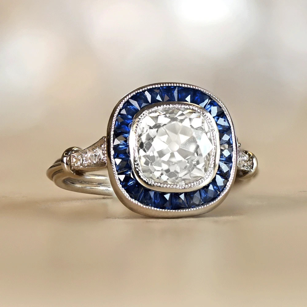Art Deco Style 2.90 Ct Lab-Created Diamond And Sapphire Halo Ring In 925 Silver