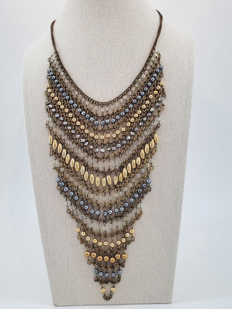 ZAR Vintage Cascading Layered Gold and Silver Tone Beads Mesh Statement Necklace