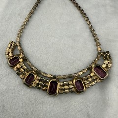 Vintage Purple Rhinestone Necklace Gold Tone 14”