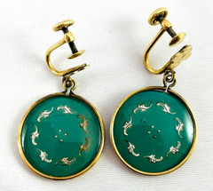 Vintage JMS Earrings 12KT Gold Filled Green Drop Dangle Screw Back Earrings