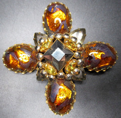 SCHREINER Amazing Tiger Striped Unusual Glass Stone Cross Vintage Pin Brooch