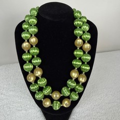 Vintage Japan Double Strand Green Ribbed & Champagne Satin Bead Necklace 18in