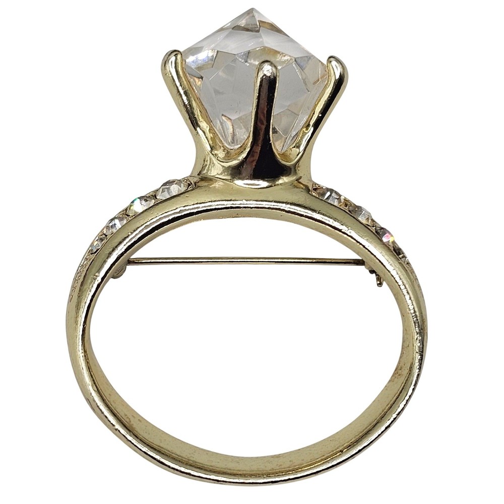 Vtg AJC Sparkle Stmt Ring Brooch Gold Tone Glam Engagement Bachelorette Bling