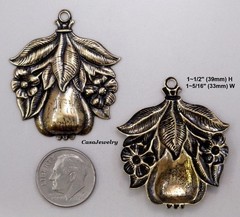#0205 LARGE ANTIQUED GOLD FLOWER & FRUIT PENDANT/ER W/TOP HANG RING – 2 Pc Lot