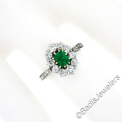 Antique Edwardian French Platinum Emerald & 0.66ct Old Cut Diamond Halo Ring