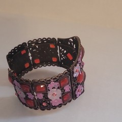Vintage Style Wide Cuff Bracelet Bronze Tone Red Rhinestones Pink Floral