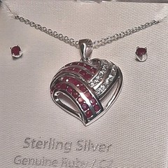 Genuine Ruby Cubic Zirconia Heart Pendant Necklace Earring Set Sterling A57 New