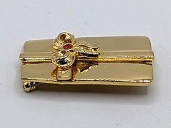 AAi Gift Box Brooch Pin Gold Tone with Bow & Red Rhinestone Vintage