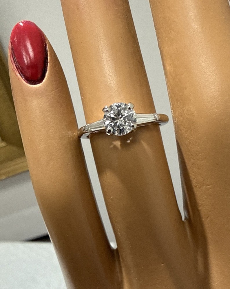 70%off Antique 1 Carat Natural Round+Baguette Diamond Platinum Engagement Ring