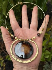 Vintage Gold Tone Statement Artisan Ceramic Pendant Choker Bead Necklace