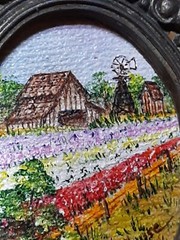 Vintage Brooch Mini Painting Lompoc Flower Field Farm Wine CA. Signd Frame Italy