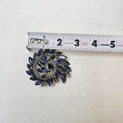 Silver Metal Colored Swirl Brooch Blue Gray Navette Rhinestone Unmarked Pendant