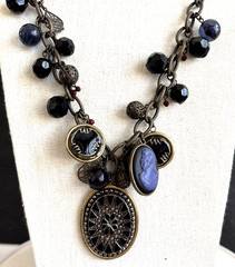 Vtg. Victorian Style Necklace Star Pendant Cameo Charms Black Glass Beads Brass