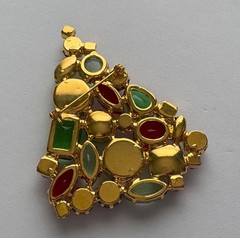 VINTAGE CHRISTMAS TREE PIN BROOCH CZECH GLASS GREEN RED RHINESTONES HTF MCM 55