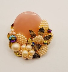 Flower brooch Pink Rhinestone Baby Faux Pearl Crystal AB Gold tone Vintage Pin
