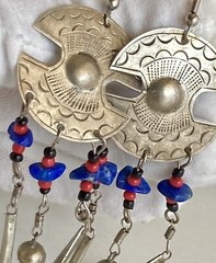 Vintage Lapis Silver Tone Dangling Earrings Large 3.5in Red Black Beads 9.84g