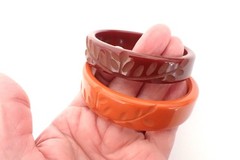 Lot Of 2 Vintage Carved Bakelite Bangles Bracelets Orange & Burgundy / Brown