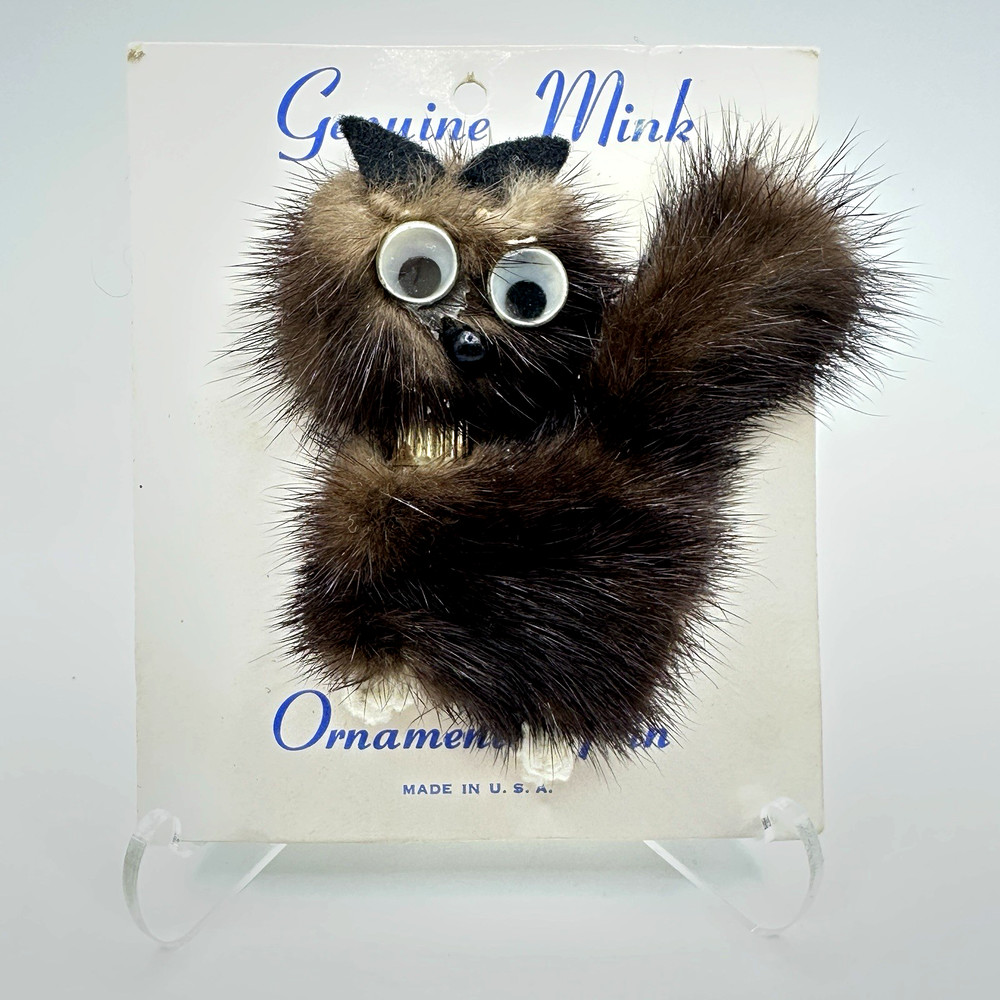 Vintage Genuine Mink Cat Brooch Pin On Original Card Novelty Fur Animal USA
