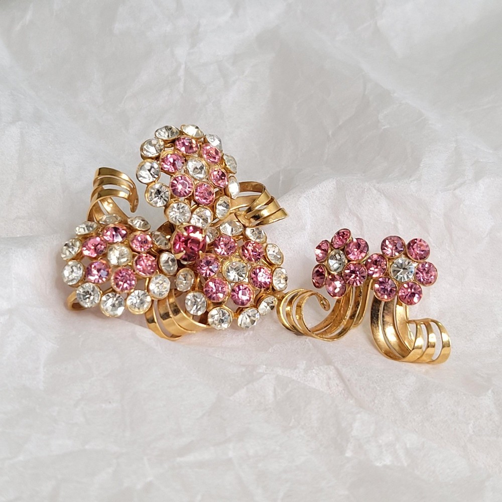 Vintage Mid-Century Pink and White Rhinestone Pendant / Brooch and Earrings Set