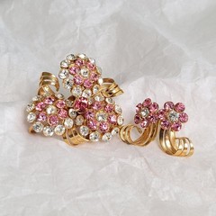 Vintage Mid-Century Pink and White Rhinestone Pendant / Brooch and Earrings Set