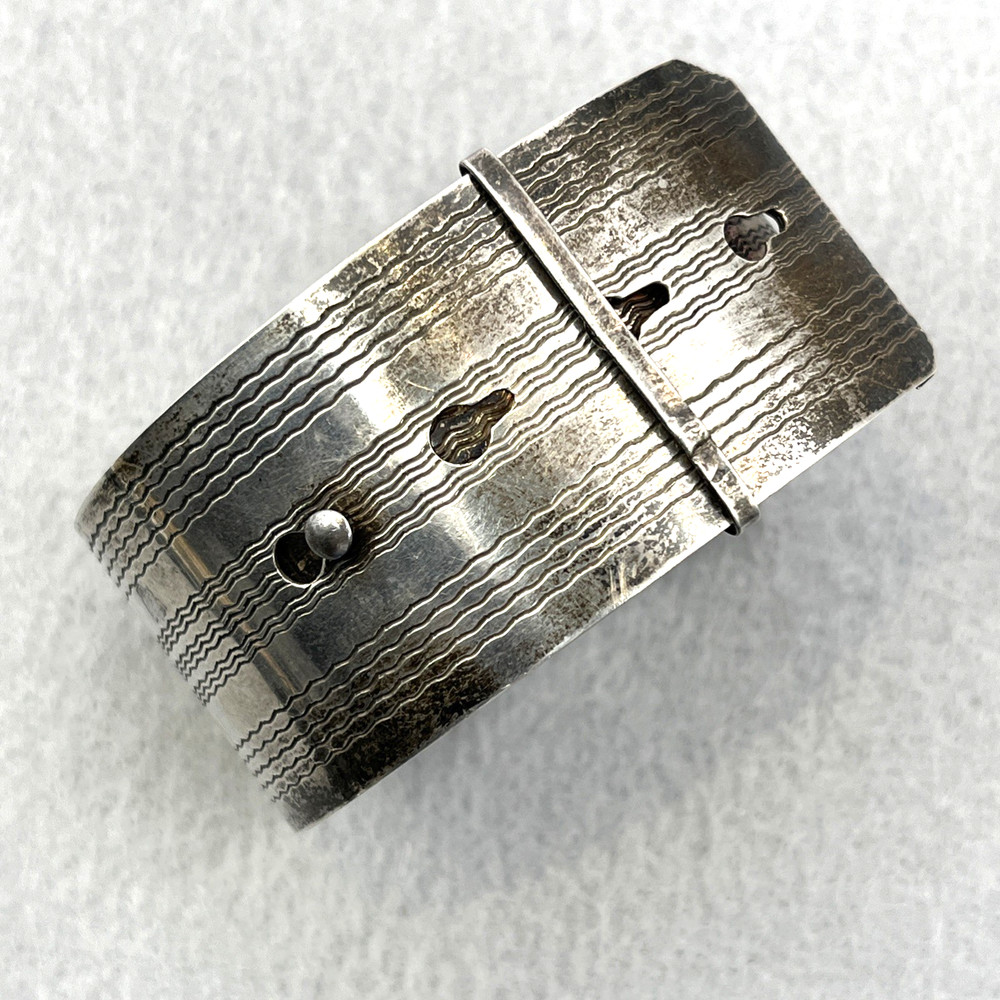 Vintage Sterling Silver Buckle Wide Bracelet Adjustable English