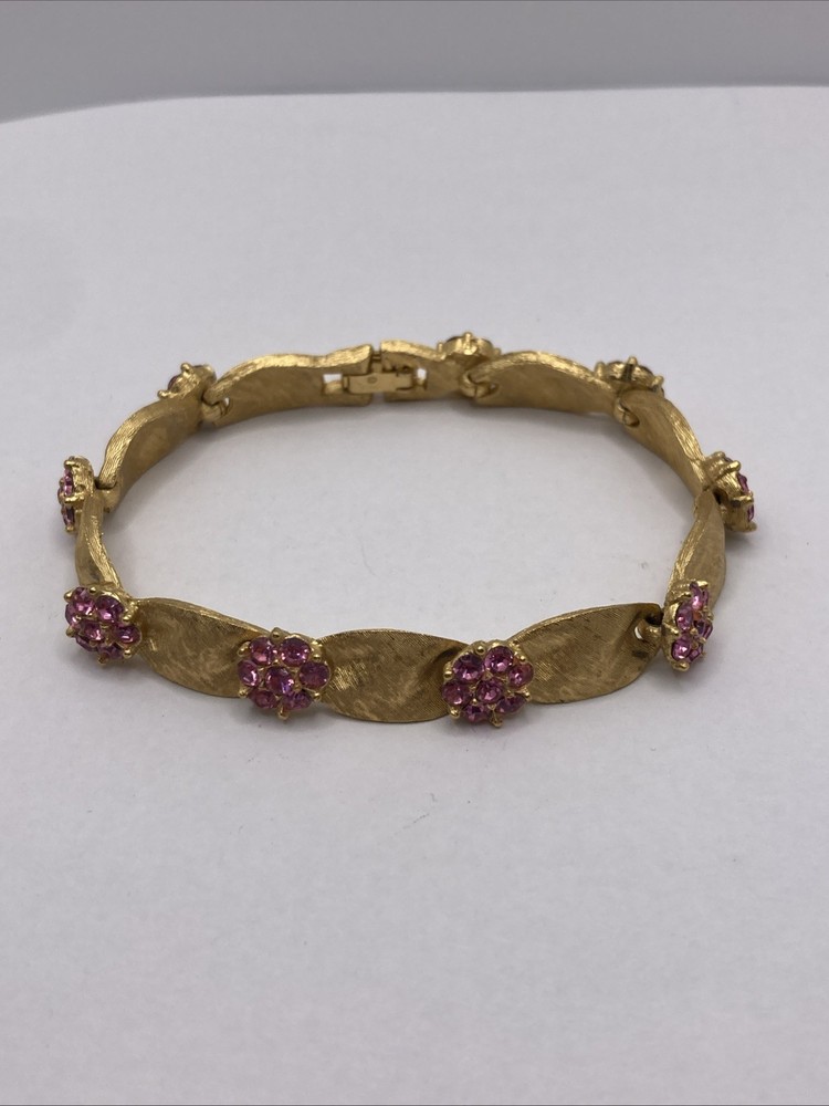 Vintage Trifari Birthday Ribbon Bracelet Pink Rhinestones 6.5″ October Gold Tone