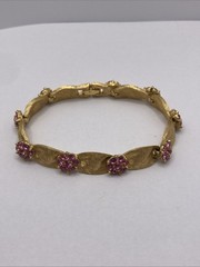 Vintage Trifari Birthday Ribbon Bracelet Pink Rhinestones 6.5″ October Gold Tone