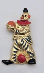 Vintage Clown Brooch Gold Tone Enamel Figural Pin Holding Ball Elle