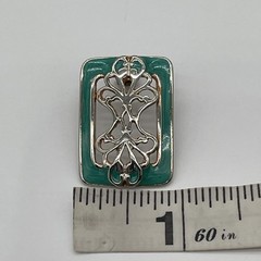 Vintage Style SilverTone Rectangular Earrings With Teal Border & Filigree Center