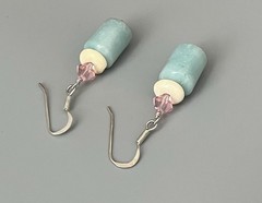VTG SX 925 Sterling-Carved MOP-Pale Blue-Peach Stone Bracelet Wire Earring Set