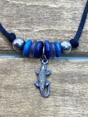 Vintage Natural Stone Alligator Charm Sterling Silver Choker Necklace 14”