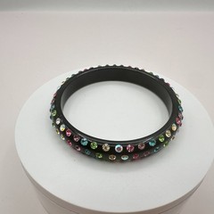 Vintage 80s Black Bangle Bracelet Multicolor Glass Inset Classic Fashion Jewelry