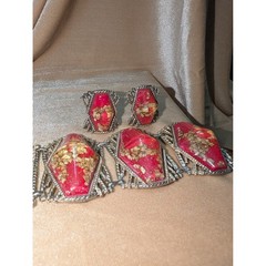 Vintage Selro Selini Red W/Gold Tone Bracelet & Earrings Set MCM Jewelry