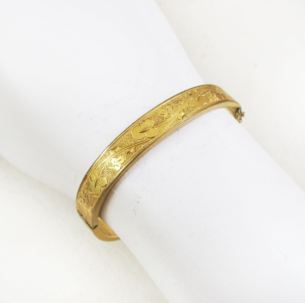 Vintage Edwardian Art Nouveau Art Deco Etched Gold Filled Floral Bangle Bracelet