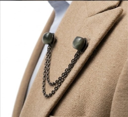 Vintage Double Chain Collar Bar Brooch with Grey Square Stone Ends