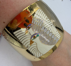 Vintage Bracelet Laurel Burch Cuff White Birds 6.5 inches Goldtone Signed