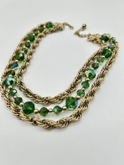 Signed Napier 3 Strand Green Aurora Borealis Crystal Bead Gold Chain Necklace