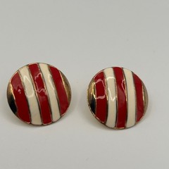 Vintage Red Cream Enamel Striped Gold Tone Round Stud Button Earrings Nautical