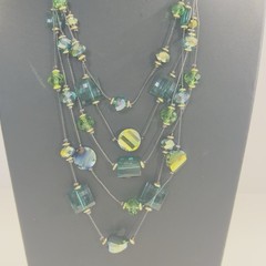 Necklace Green Blue Acrylic Glass Beads Black Wire Like Chain 11″ Faceted