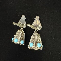 Vintage Turquoise Silver Tone Dangle Bell Heart Clip On Earrings