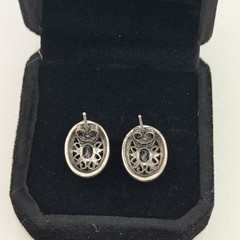 Vintage 925 Sterling Silver Blue Topaz & Marcasite Oval Pierced Stud Earrings